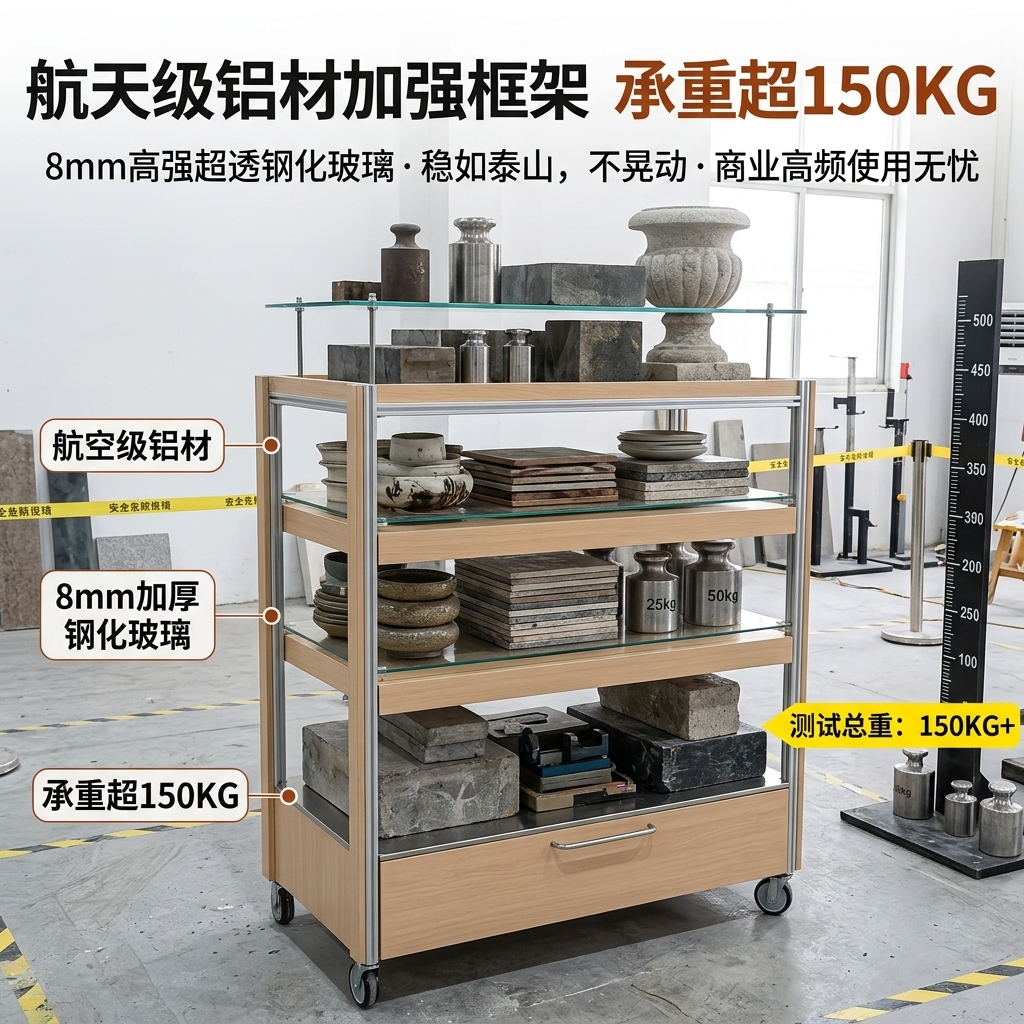 可移动玻璃展示柜多层储物柜海洋板铝型材陈列柜木质展柜可定制 - 产品图片