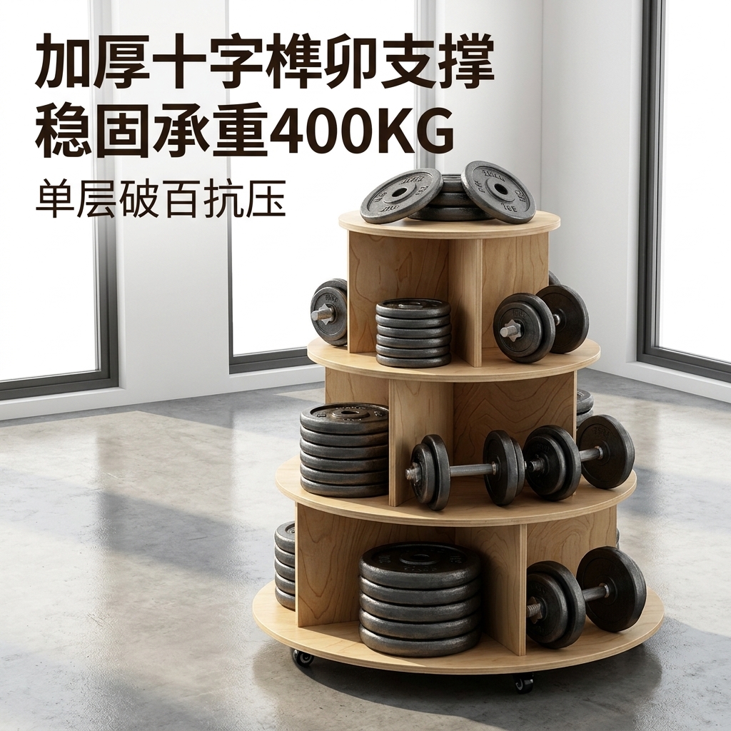 桦木海洋板圆形中岛台多层木质置物架带轮子可移动摆台文创展示台 - 产品图片