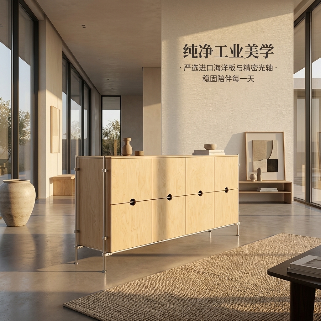 海洋板光轴餐边柜客厅多门储物柜多功能靠墙收纳柜工业风落地斗柜 - 产品图片
