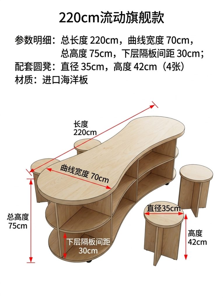 海洋板异形中岛台商业空间展示台咖啡店设计感桌椅圆弧形流水台 - 产品图片