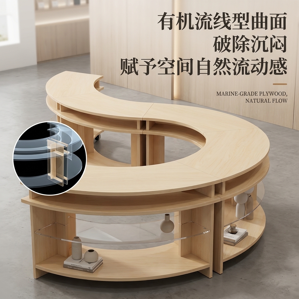 海洋板异形中岛台商业空间展示台咖啡店设计感桌椅圆弧形流水台 - 产品图片