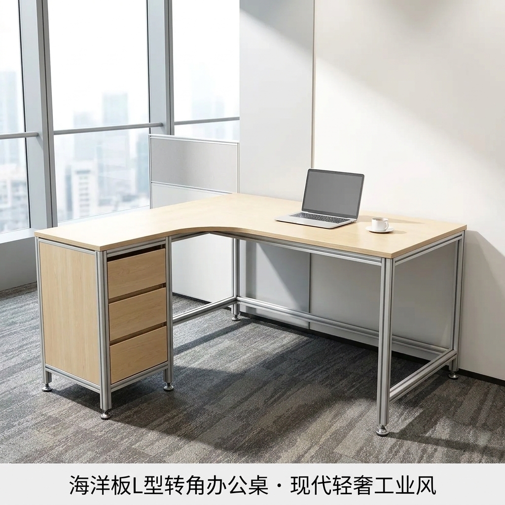 海洋板L型办公桌台式转角电脑桌办公室带抽屉书桌现代风工业桌子 - 产品图片
