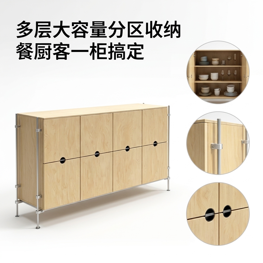 海洋板光轴餐边柜客厅多门储物柜多功能靠墙收纳柜工业风落地斗柜 - 产品图片