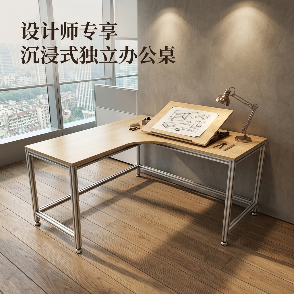 海洋板L型办公桌台式转角电脑桌办公室带抽屉书桌现代风工业桌子 - 产品图片