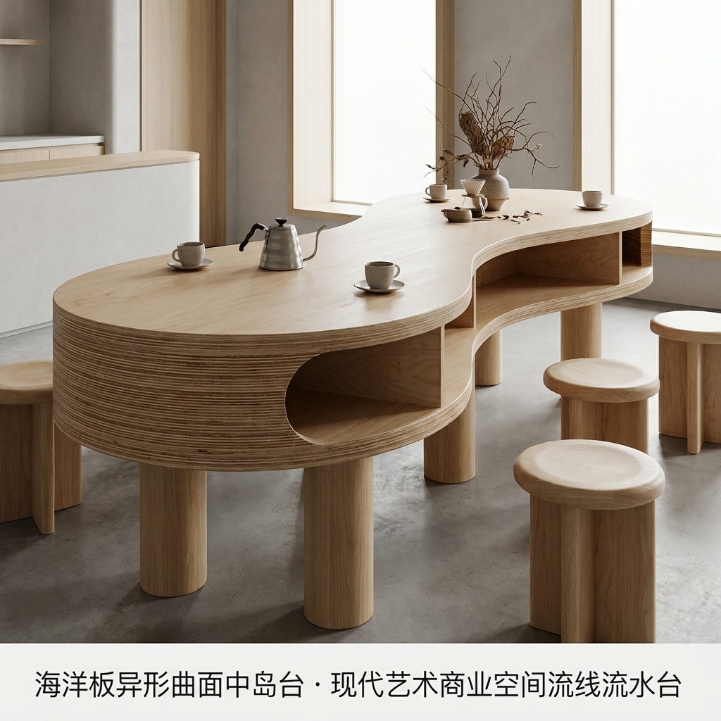 海洋板异形中岛台商业空间展示台咖啡店设计感桌椅圆弧形流水台 - 产品图片