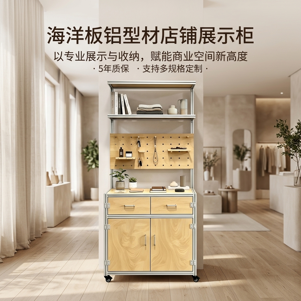 海洋板铝型材展示柜商铺落地式货柜收纳柜洞洞板一体置物架定制 - 产品图片