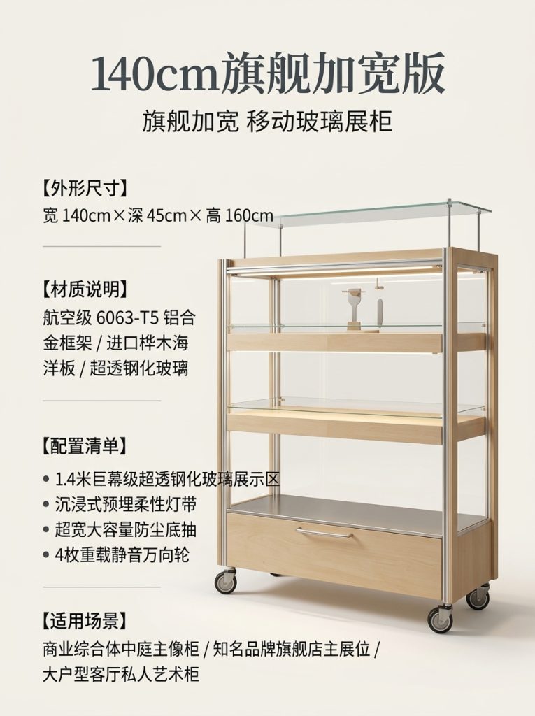 可移动玻璃展示柜多层储物柜海洋板铝型材陈列柜木质展柜可定制 - 产品图片