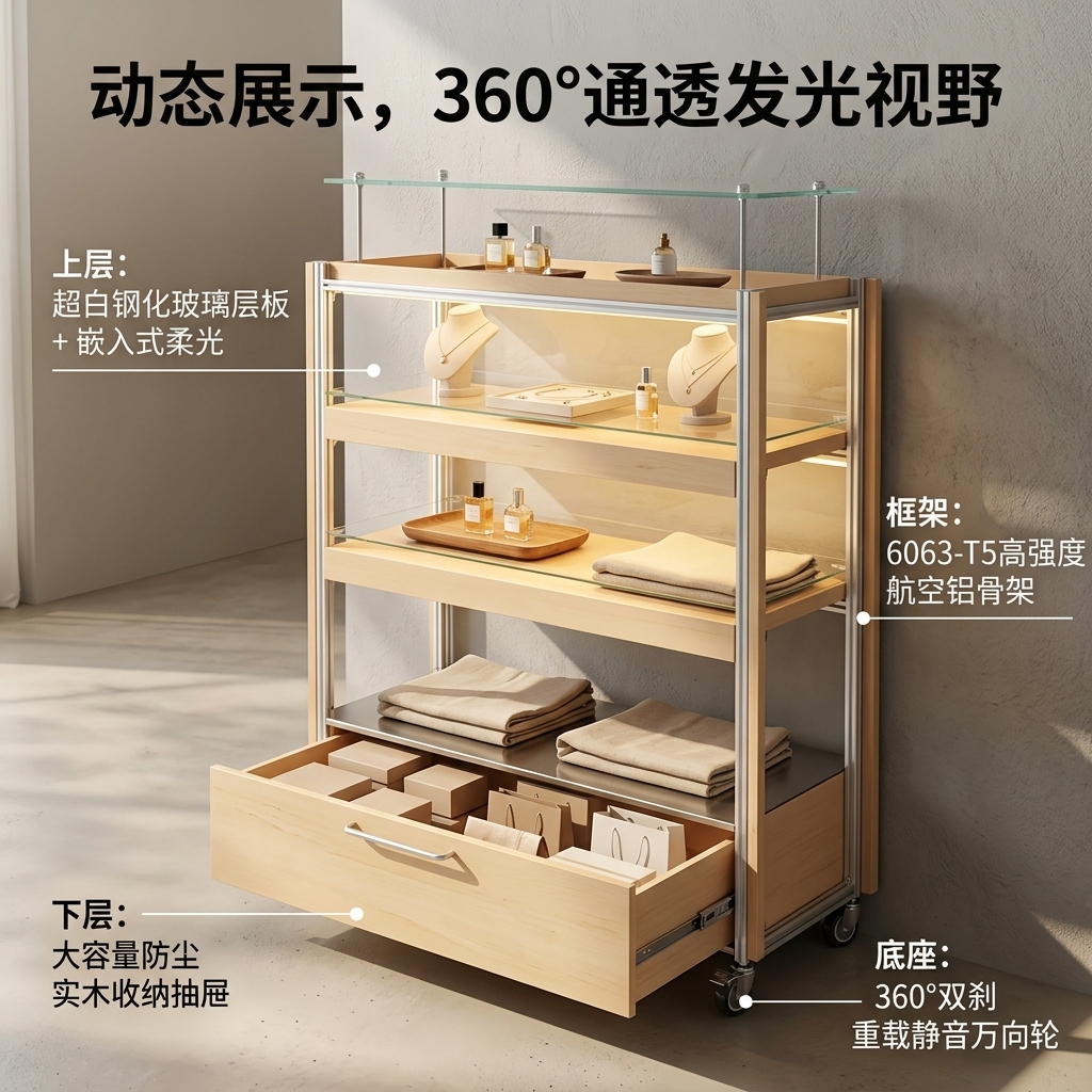 可移动玻璃展示柜多层储物柜海洋板铝型材陈列柜木质展柜可定制 - 产品图片