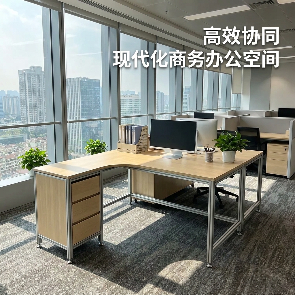 海洋板L型办公桌台式转角电脑桌办公室带抽屉书桌现代风工业桌子 - 产品图片