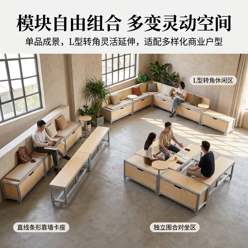 铝型材桌椅卡座休闲区桌椅组合茶几创意卡座储物柜商用转角卡座 - 产品图片