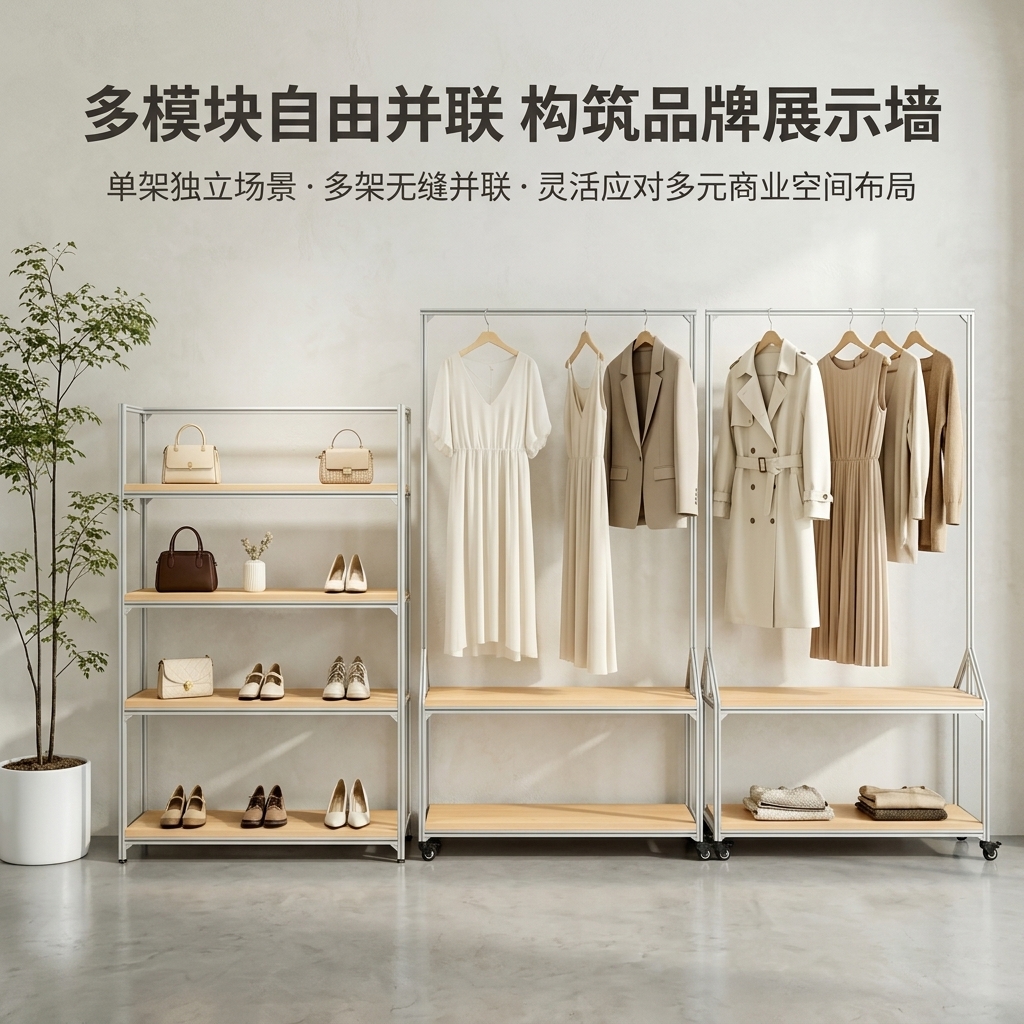 温柔风铝型材海洋板服装展示架落地式多层收纳架商场服装店衣帽架 - 产品图片