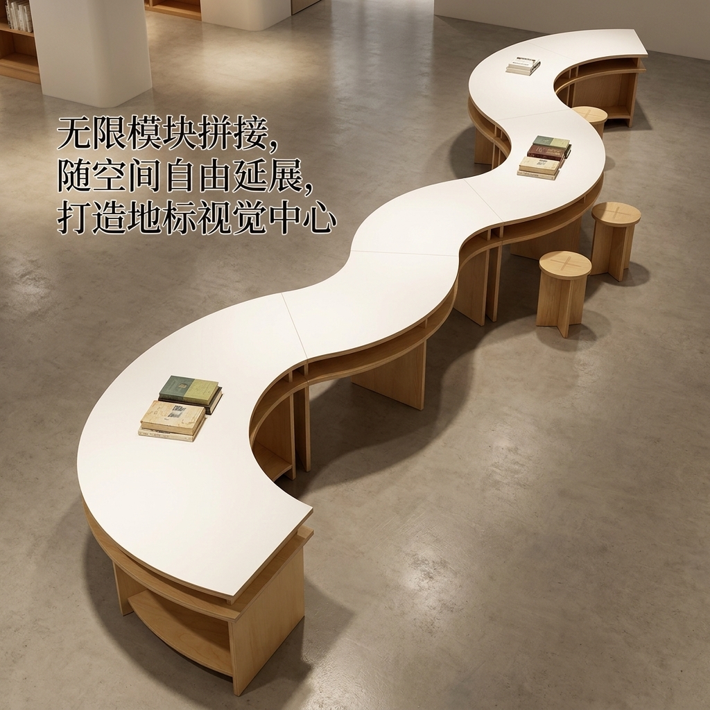 海洋板异形中岛台商业空间展示台咖啡店设计感桌椅圆弧形流水台 - 产品图片