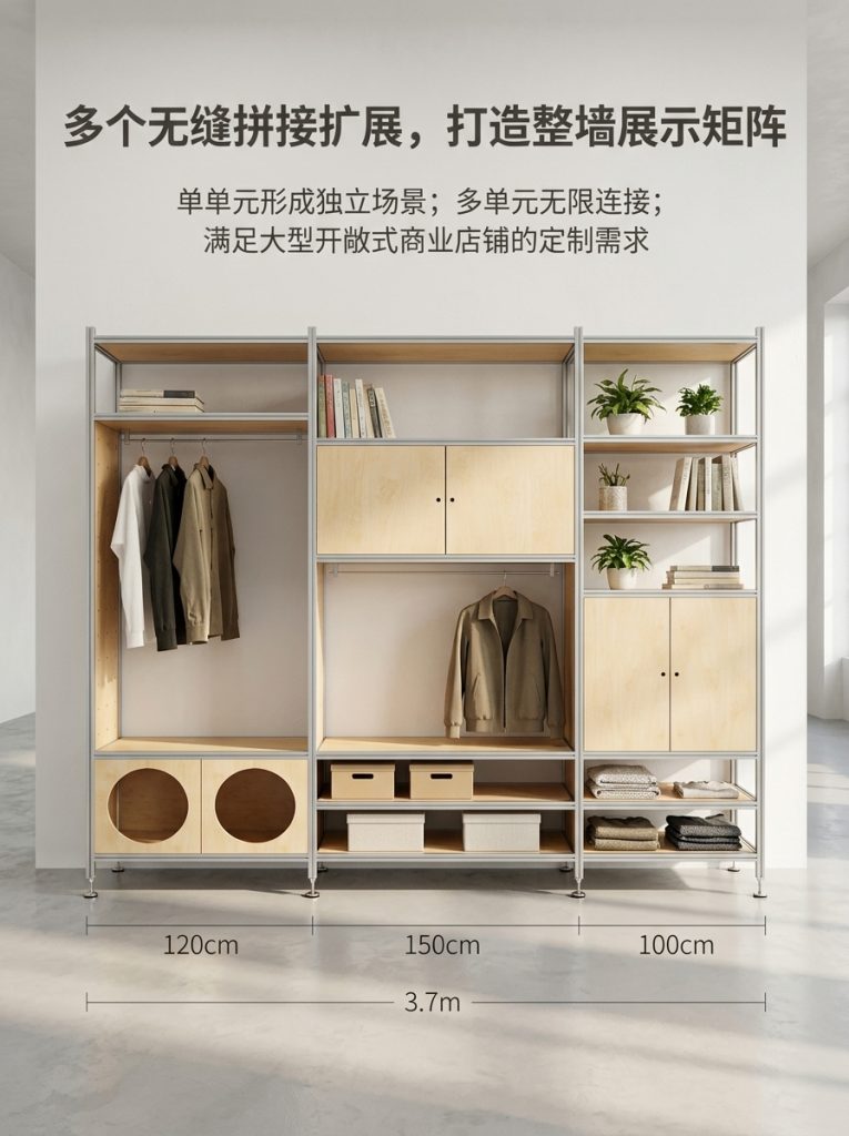 铝型材海洋板木制落地衣帽架服装店轻奢店原木装修服装工作室衣柜 - 产品图片