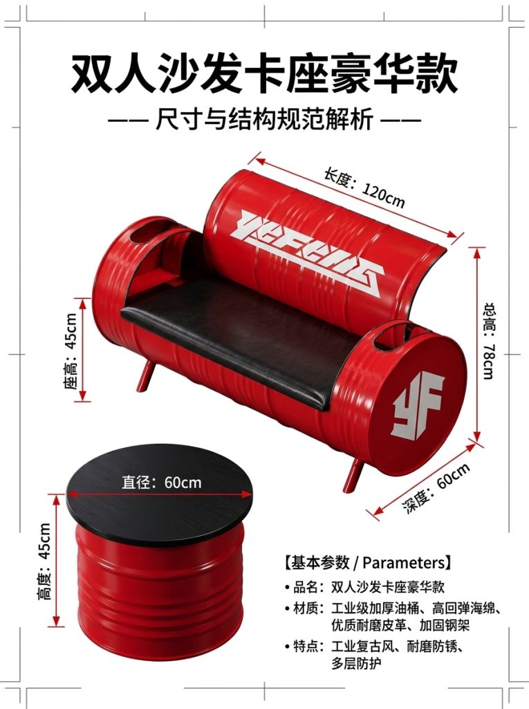酒吧桌椅组合油桶沙发ktv铁艺茶几服装店创意工业风复古卡座沙发 - 产品图片