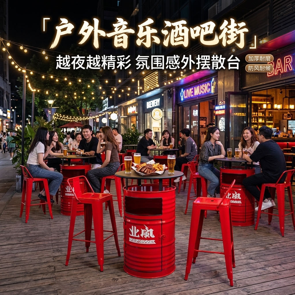 工业风油桶酒吧散台卡座桌椅创意户外休息区商用铁艺高脚桌椅组合 - 产品图片