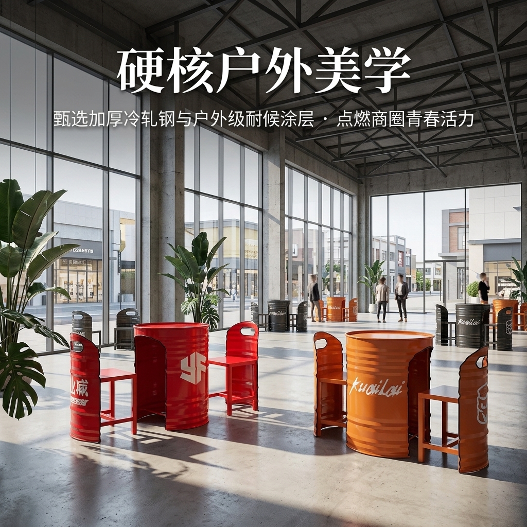 工业风外摆桌椅组合商业街酒吧清吧汉堡店卡座休息区油桶餐桌椅子 - 产品图片