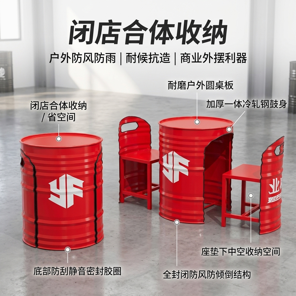 工业风外摆桌椅组合商业街酒吧清吧汉堡店卡座休息区油桶餐桌椅子 - 产品图片