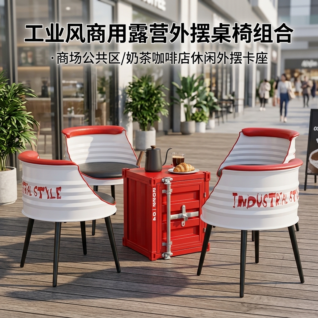 户外露营休闲外摆桌椅创意商用商场公共座椅工业风奶茶店桌椅组合 - 产品图片