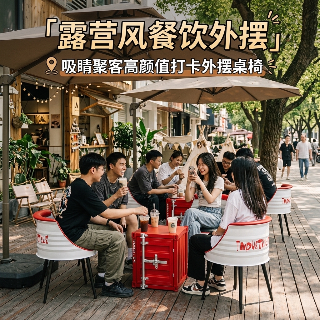 户外露营休闲外摆桌椅创意商用商场公共座椅工业风奶茶店桌椅组合 - 产品图片