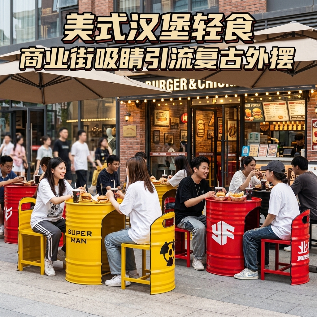 工业风外摆桌椅组合商业街酒吧清吧汉堡店卡座休息区油桶餐桌椅子 - 产品图片