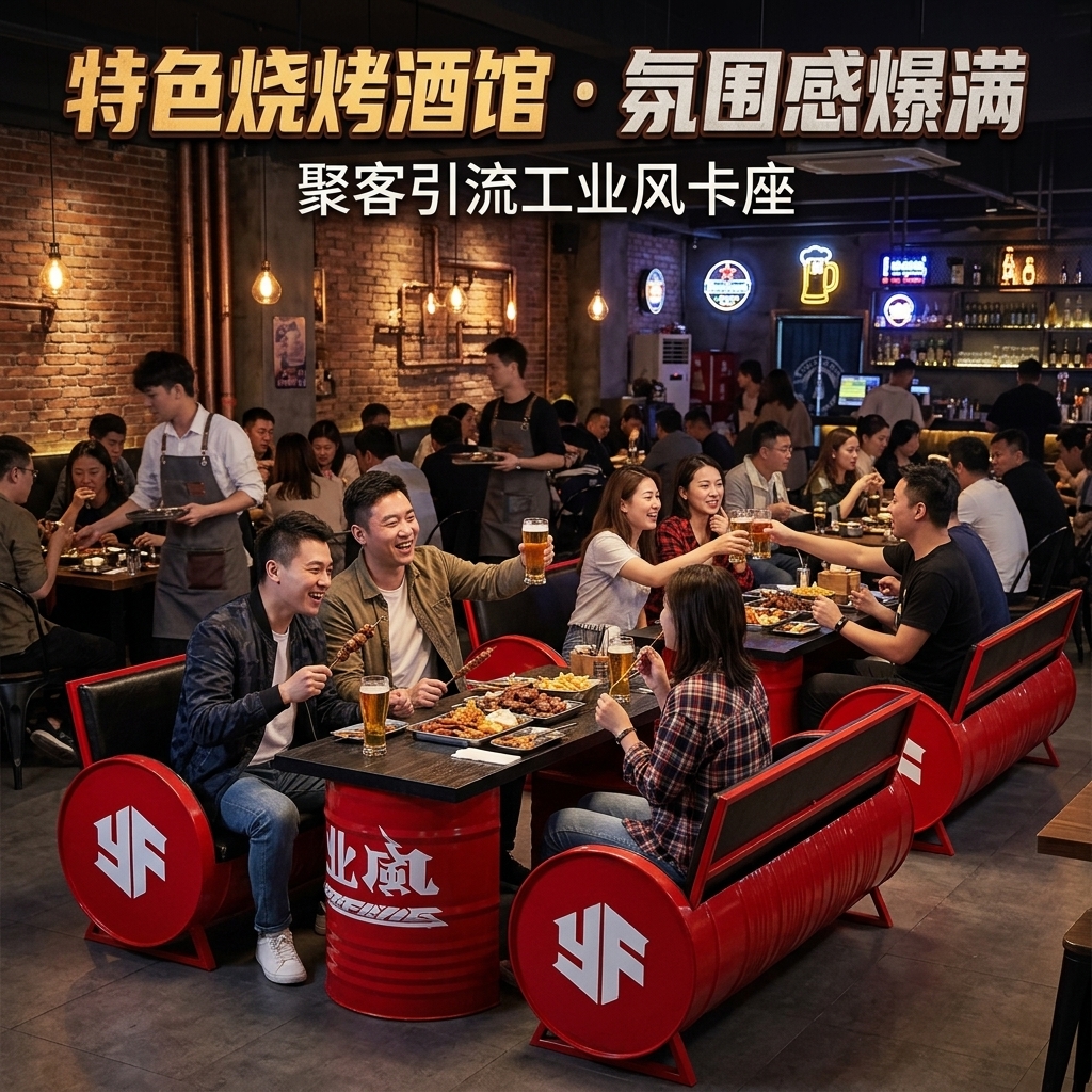 工业风卡座沙发凳酒吧咖啡厅奶茶店清吧定制铁艺创意油桶桌椅组合 - 产品图片