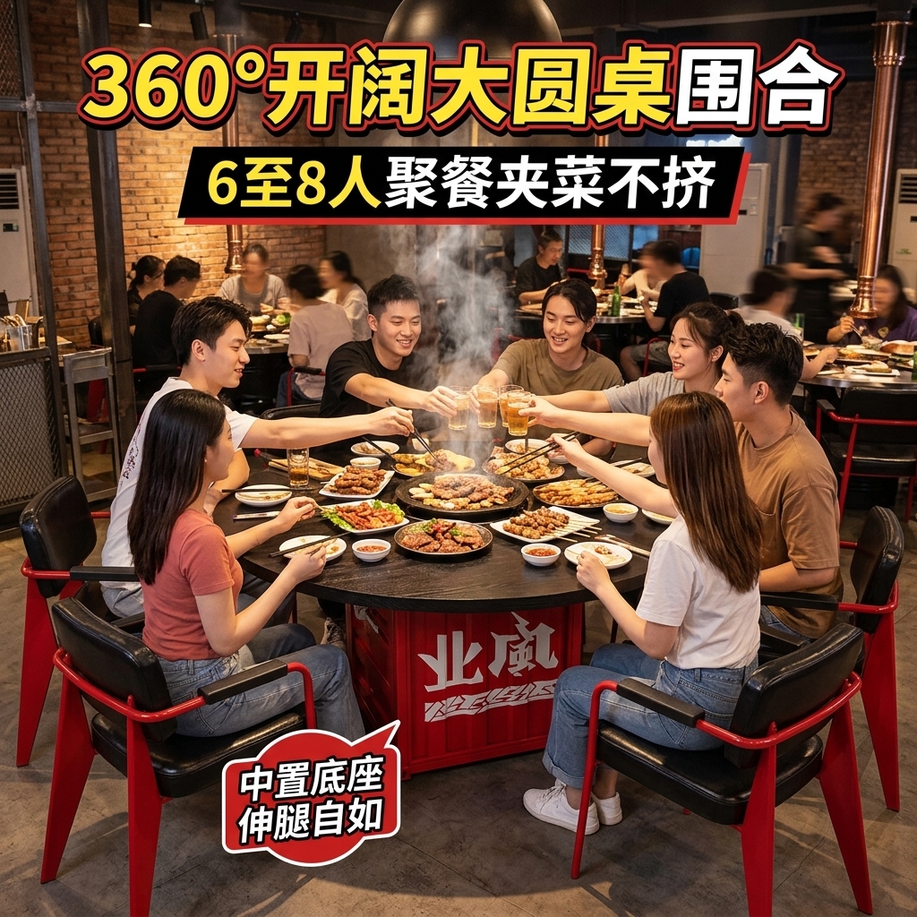 工业风实木餐桌网红烤肉店烧烤店多人包厢个性铁艺圆形餐桌椅组合 - 产品图片