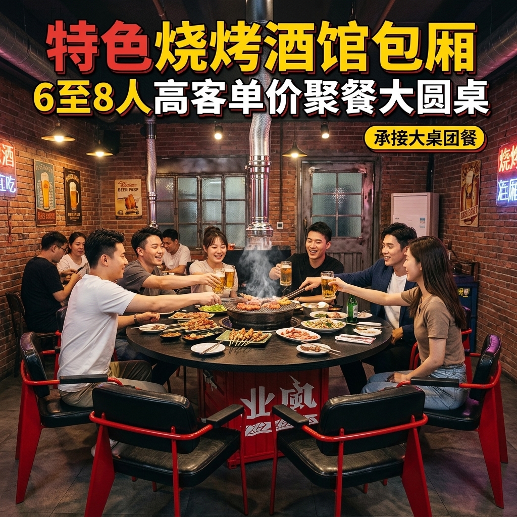 工业风实木餐桌网红烤肉店烧烤店多人包厢个性铁艺圆形餐桌椅组合 - 产品图片