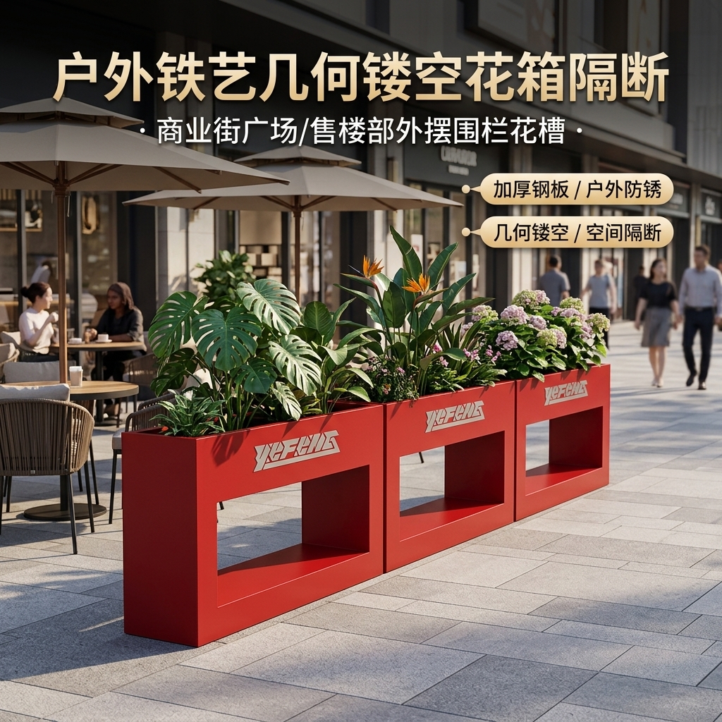 户外铁艺花箱组合商业街广场创意定制售楼部外摆隔断围栏花槽花坛 - 产品图片