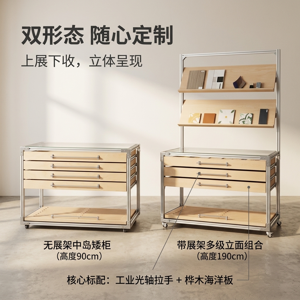 铝型材海洋板展示柜产品展柜抽屉多层分格柜卡纸展架光轴拉手高级 - 产品图片