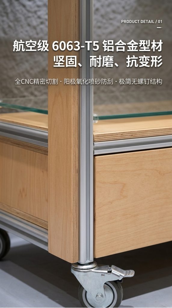 可移动玻璃展示柜多层储物柜海洋板铝型材陈列柜木质展柜可定制 - 产品图片