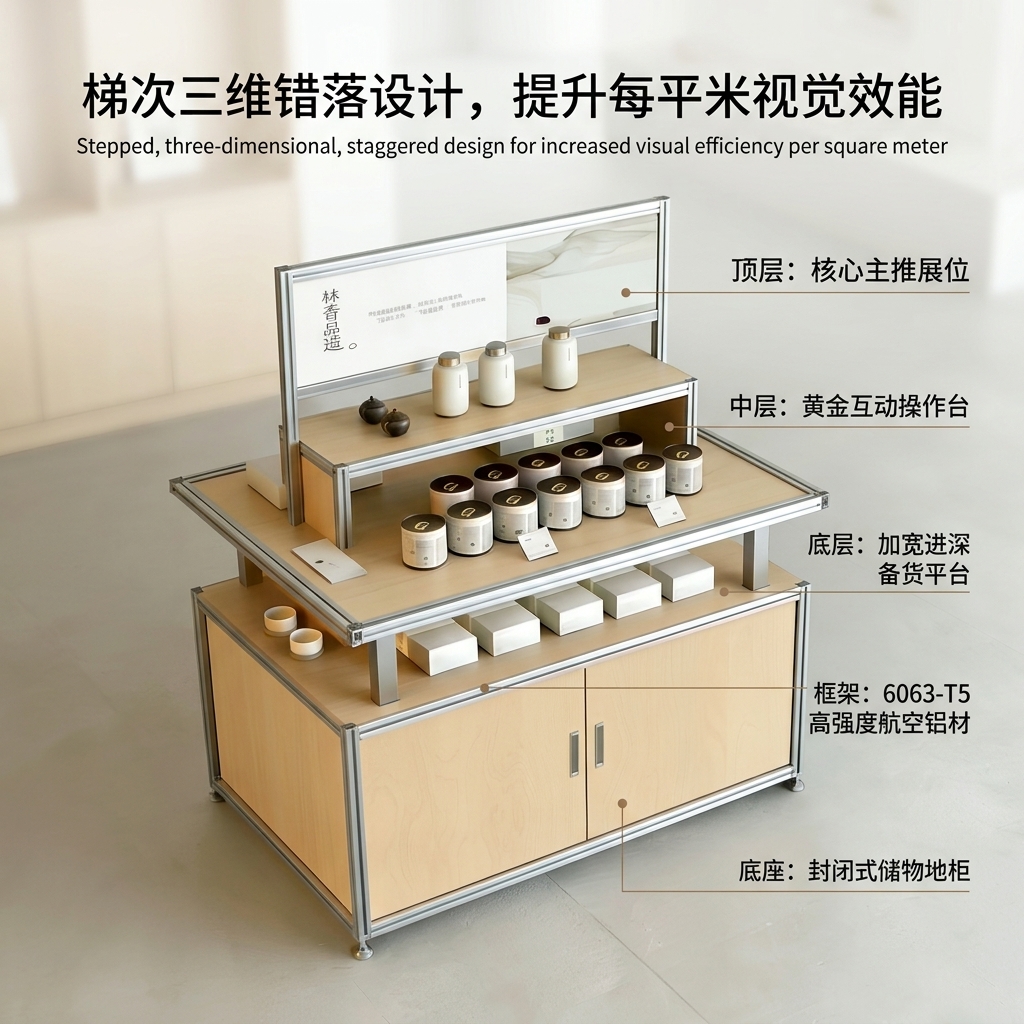 木质多层展示架中岛流水台商业陈列架简约现代展柜茶叶店文创展柜 - 产品图片