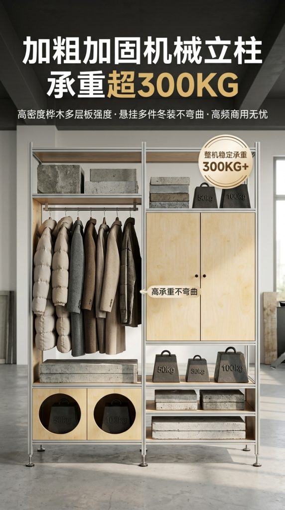 铝型材海洋板木制落地衣帽架服装店轻奢店原木装修服装工作室衣柜 - 产品图片
