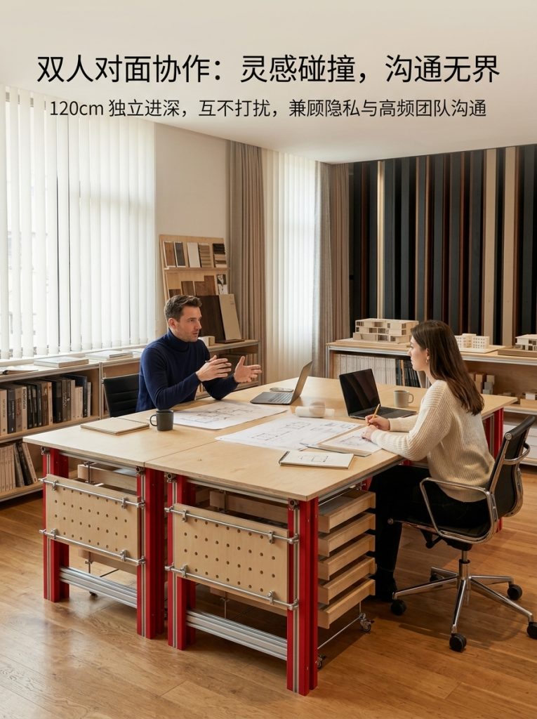 包豪斯风铝合金办公桌2人一体式储物抽屉穿线孔简约电脑桌 - 产品图片