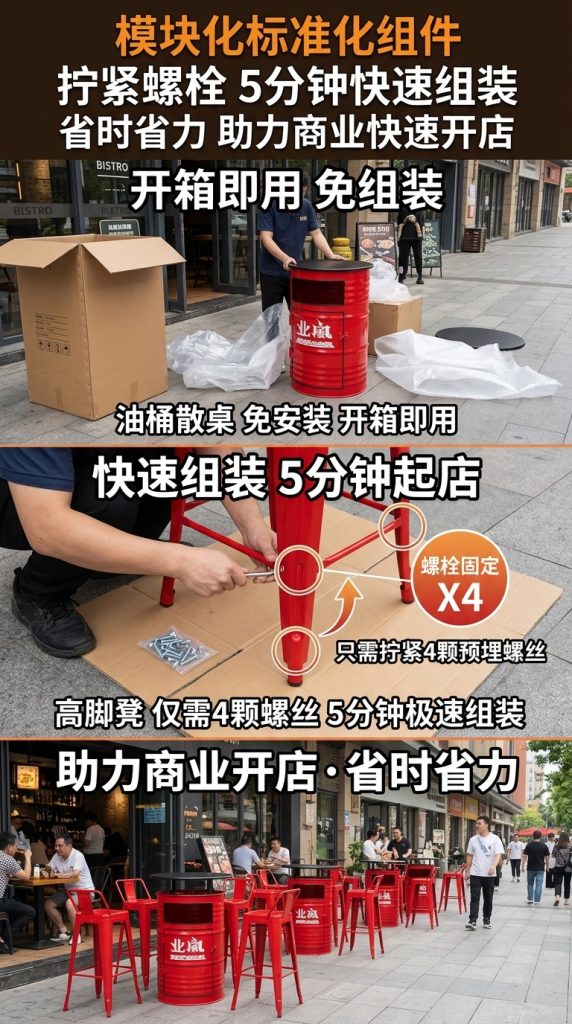 工业风油桶酒吧散台卡座桌椅创意户外休息区商用铁艺高脚桌椅组合 - 产品图片