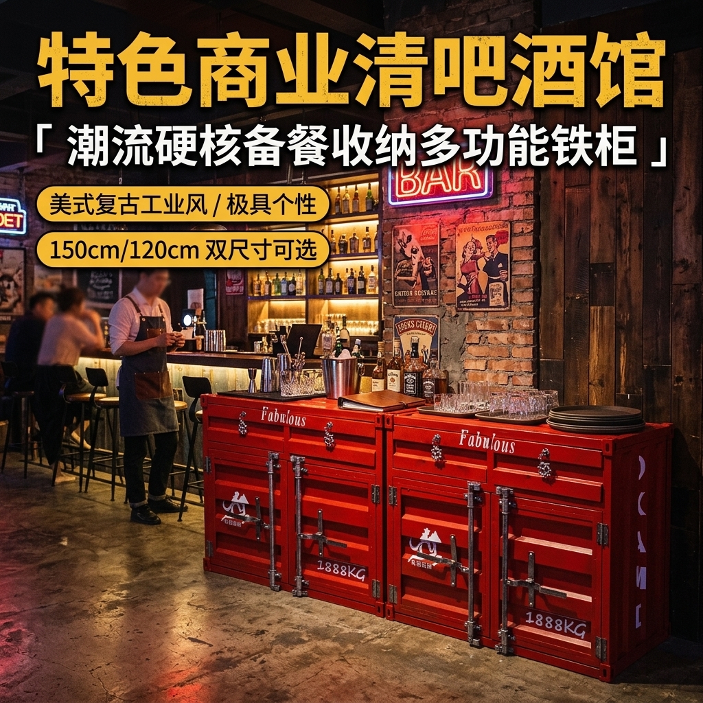 工业风复古餐柜创意文件柜集装箱设计做旧铁柜子玄关储物柜收纳柜 - 产品图片