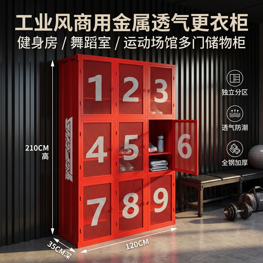工业风更衣柜健身房舞蹈室体育运动鞋服收纳柜创意铁艺商用储物柜 - 产品图片
