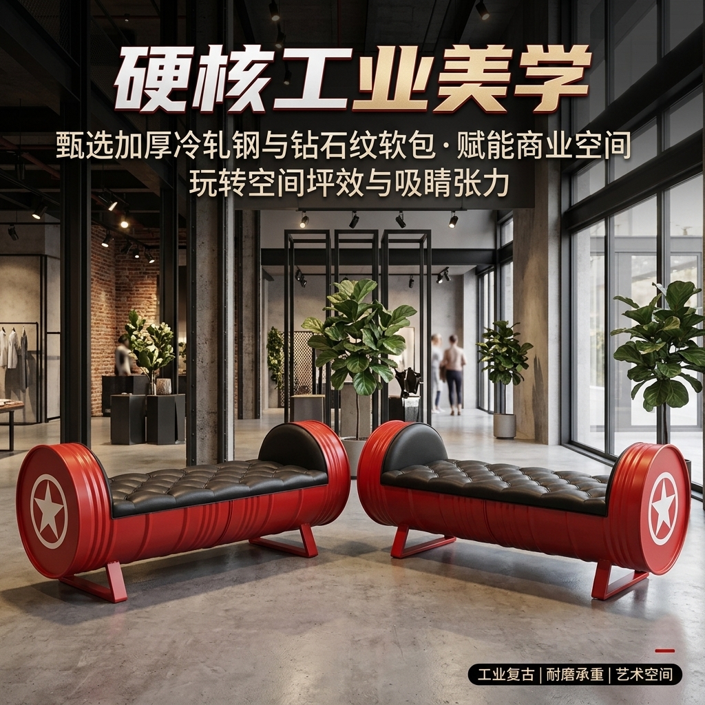 工业风长凳卡座复古美式酒吧ktv沙发油桶服装店试鞋凳创意长条椅 - 产品图片