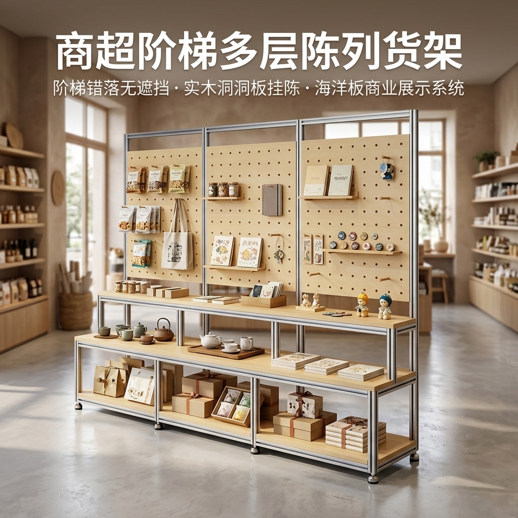 阶梯置物架商超多层陈列架海洋板店铺展示架洞洞板落地式收纳货架 - 产品图片