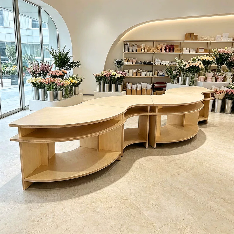 海洋板异形中岛台商业空间展示台咖啡店设计感桌椅圆弧形流水台 - 产品图片