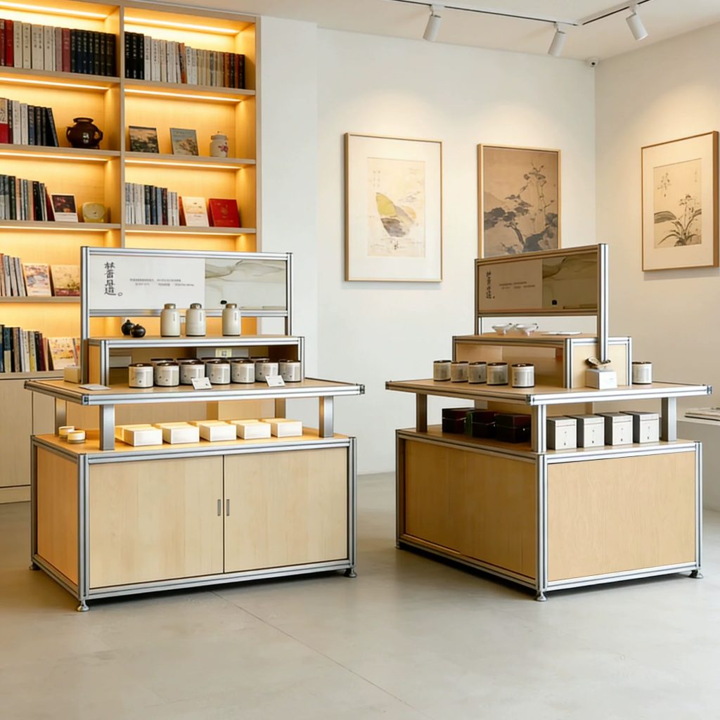 木质多层展示架中岛流水台商业陈列架简约现代展柜茶叶店文创展柜 - 产品图片
