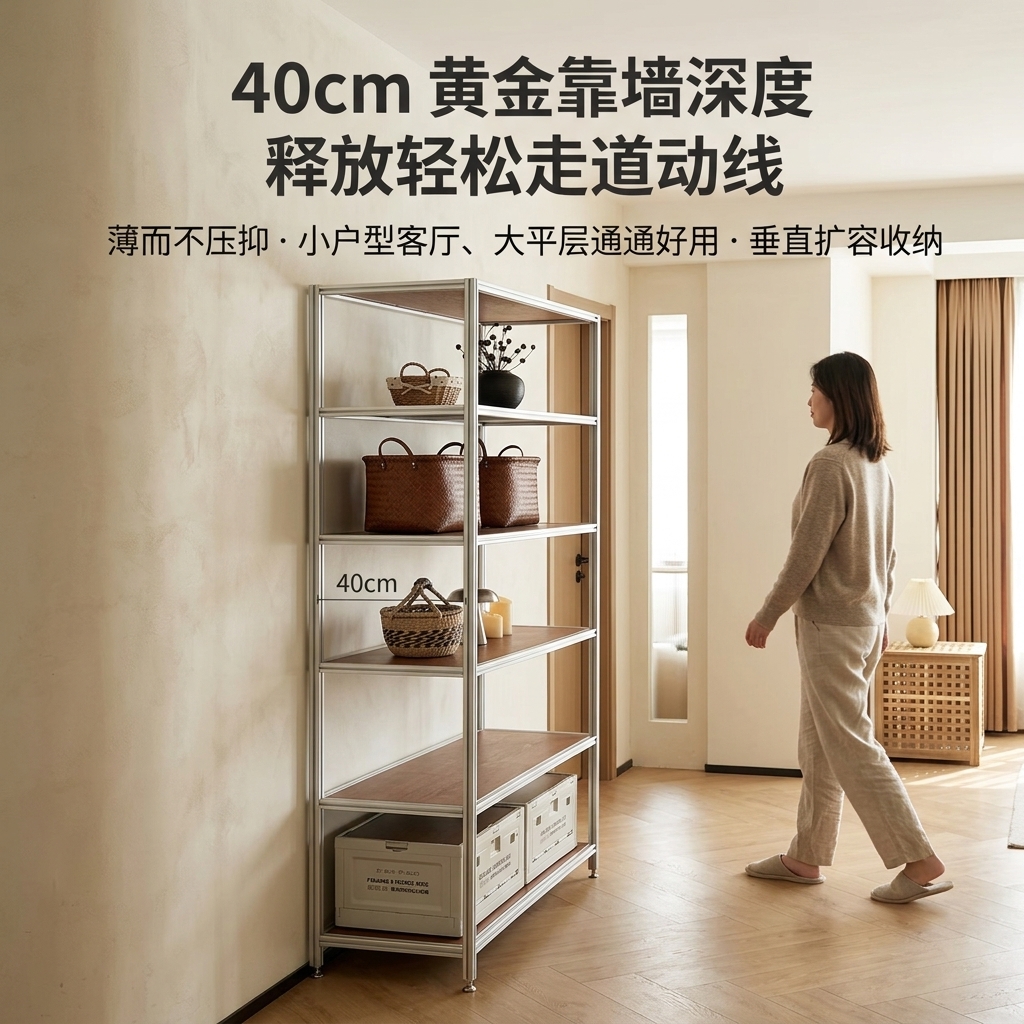 铝型材复古客厅置物架落地靠墙陈列柜多层收纳架轻奢高级感陈列架 - 产品图片