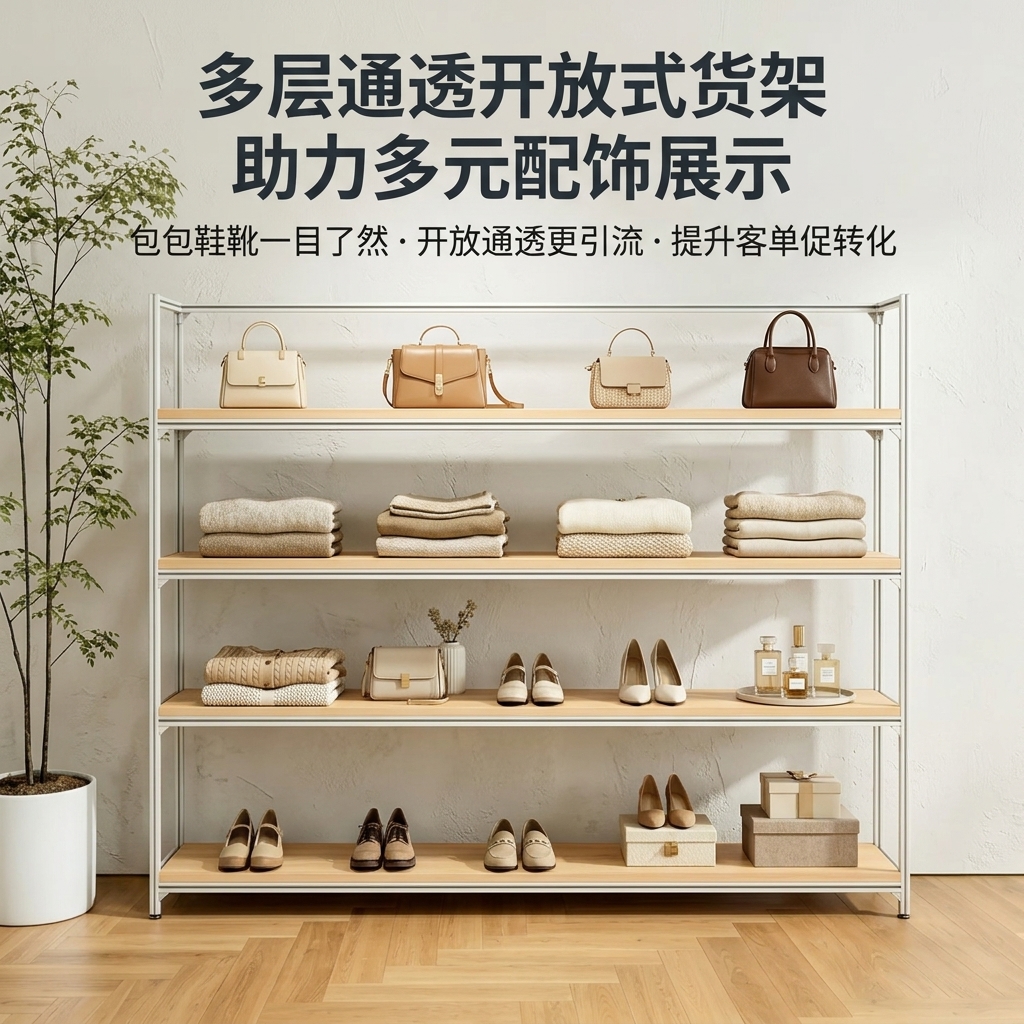 温柔风铝型材海洋板服装展示架落地式多层收纳架商场服装店衣帽架 - 产品图片