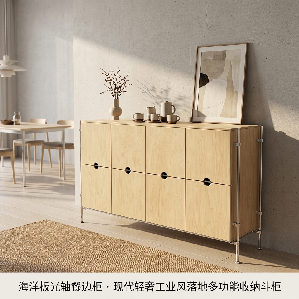 海洋板光轴餐边柜客厅多门储物柜多功能靠墙收纳柜工业风落地斗柜 - 产品图片