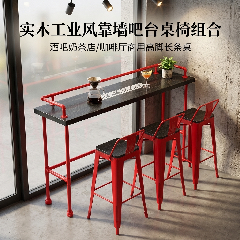 实木吧台桌酒吧奶茶店桌椅组合家用靠墙创意高脚桌铁艺吧台长条桌 - 产品图片