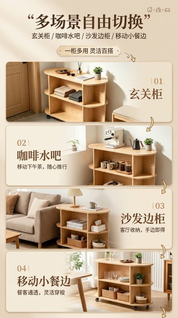海洋板入户玄关柜可移动多层收纳架简约木质储物柜客厅咖啡柜边柜 - 产品图片