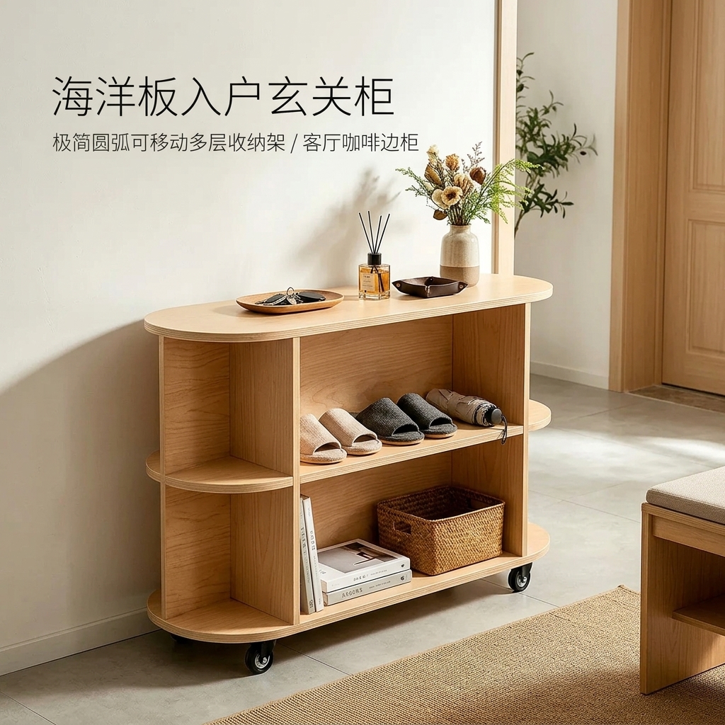 海洋板入户玄关柜可移动多层收纳架简约木质储物柜客厅咖啡柜边柜 - 产品图片