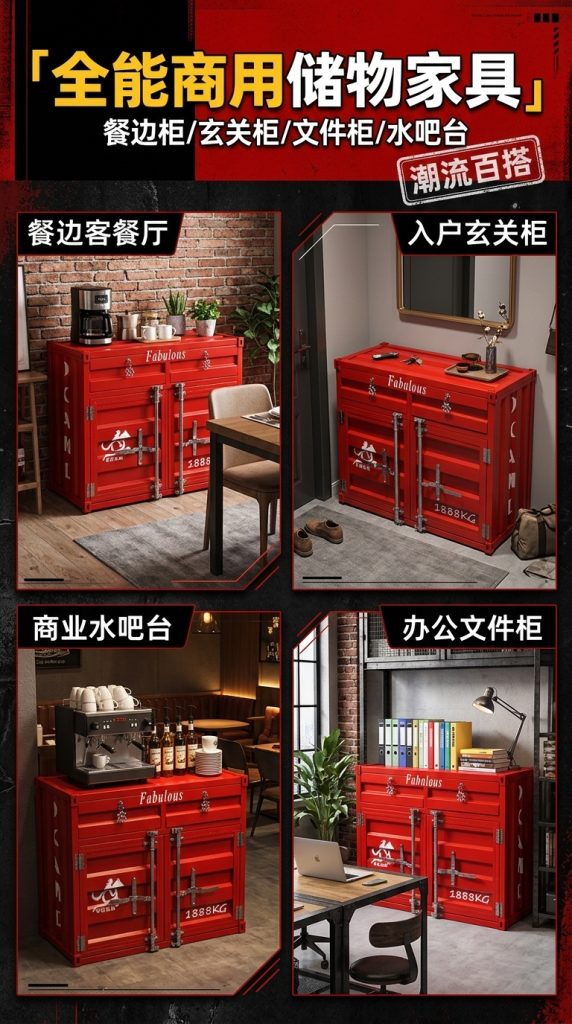 工业风复古餐柜创意文件柜集装箱设计做旧铁柜子玄关储物柜收纳柜 - 产品图片