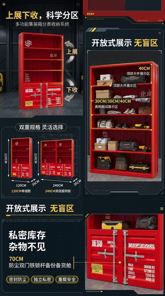 酒柜展示柜手办产品乐高陈列柜工业风集装箱商用展示玻璃柜置物架 - 产品图片