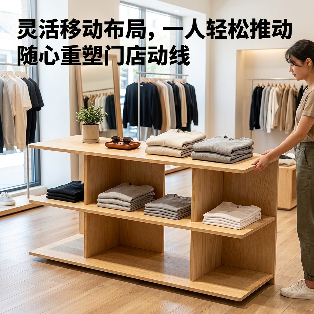 桦木海洋板中岛流水台商品收纳柜多层板陈列台可移动商用展示台 - 产品图片