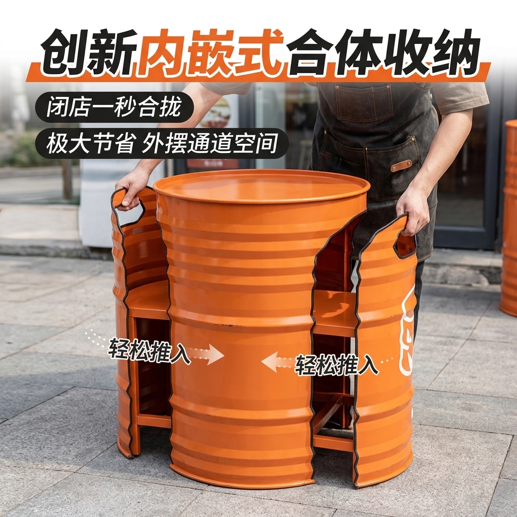 工业风外摆桌椅组合商业街酒吧清吧汉堡店卡座休息区油桶餐桌椅子 - 产品图片